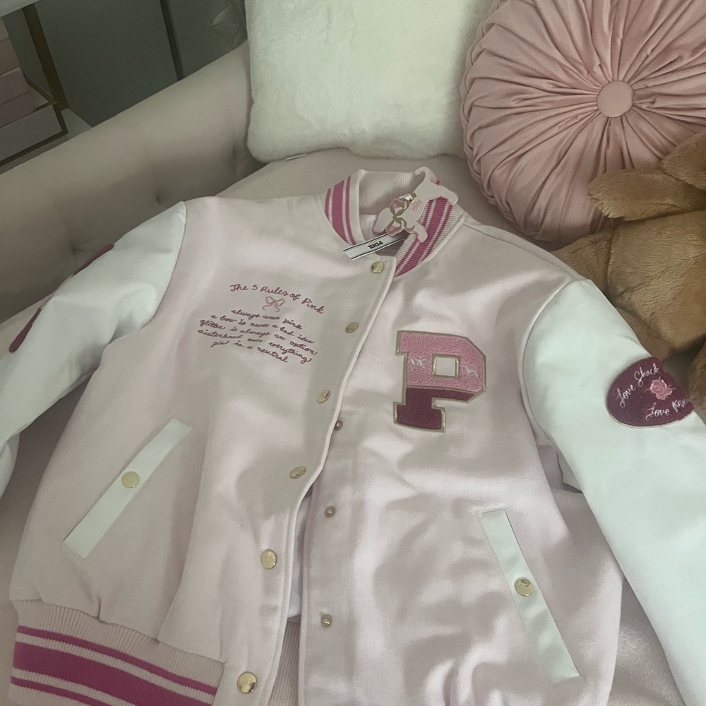 PINK X LoveShackFancy Reissued Boyfriend Varsity Jacket Size Medium